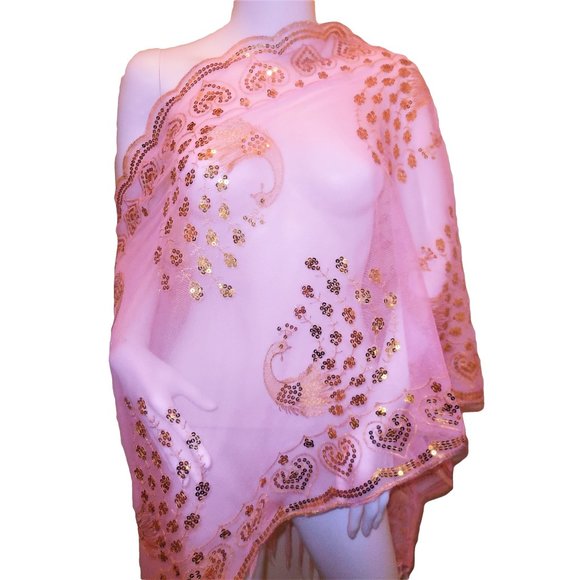 Pink Lace Sequins Shawl Scarf Evening Wrap Peacock - Picture 5 of 5